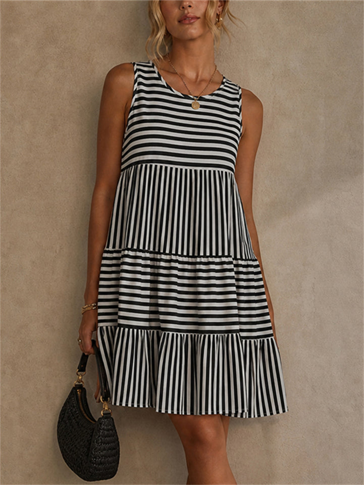 Women's Summer Boho Striped Sleeveless Tiered Mini Beach Sundress