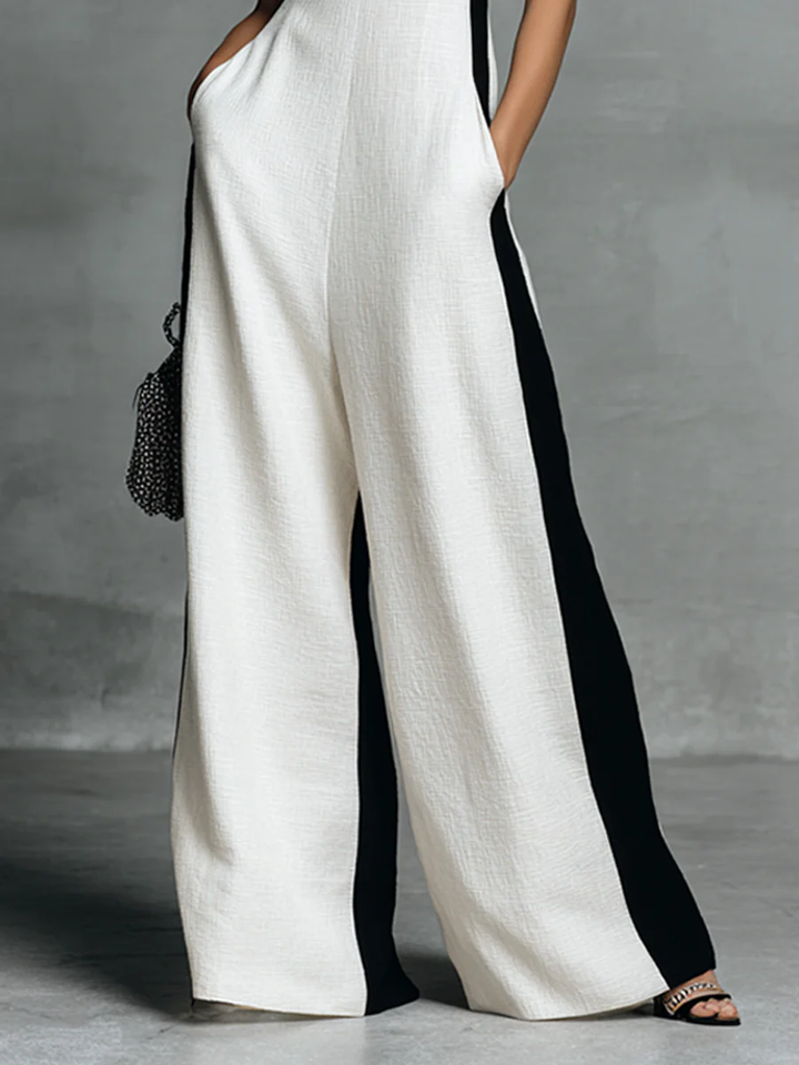 Black-White Color Block Spaghetti Strap Jumpsuit