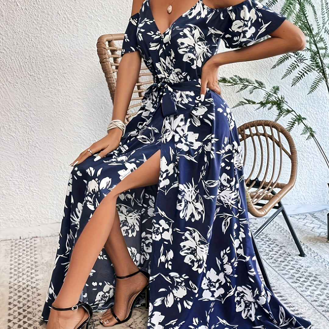 Women's High Slit Floral Print Sleeveless Dress