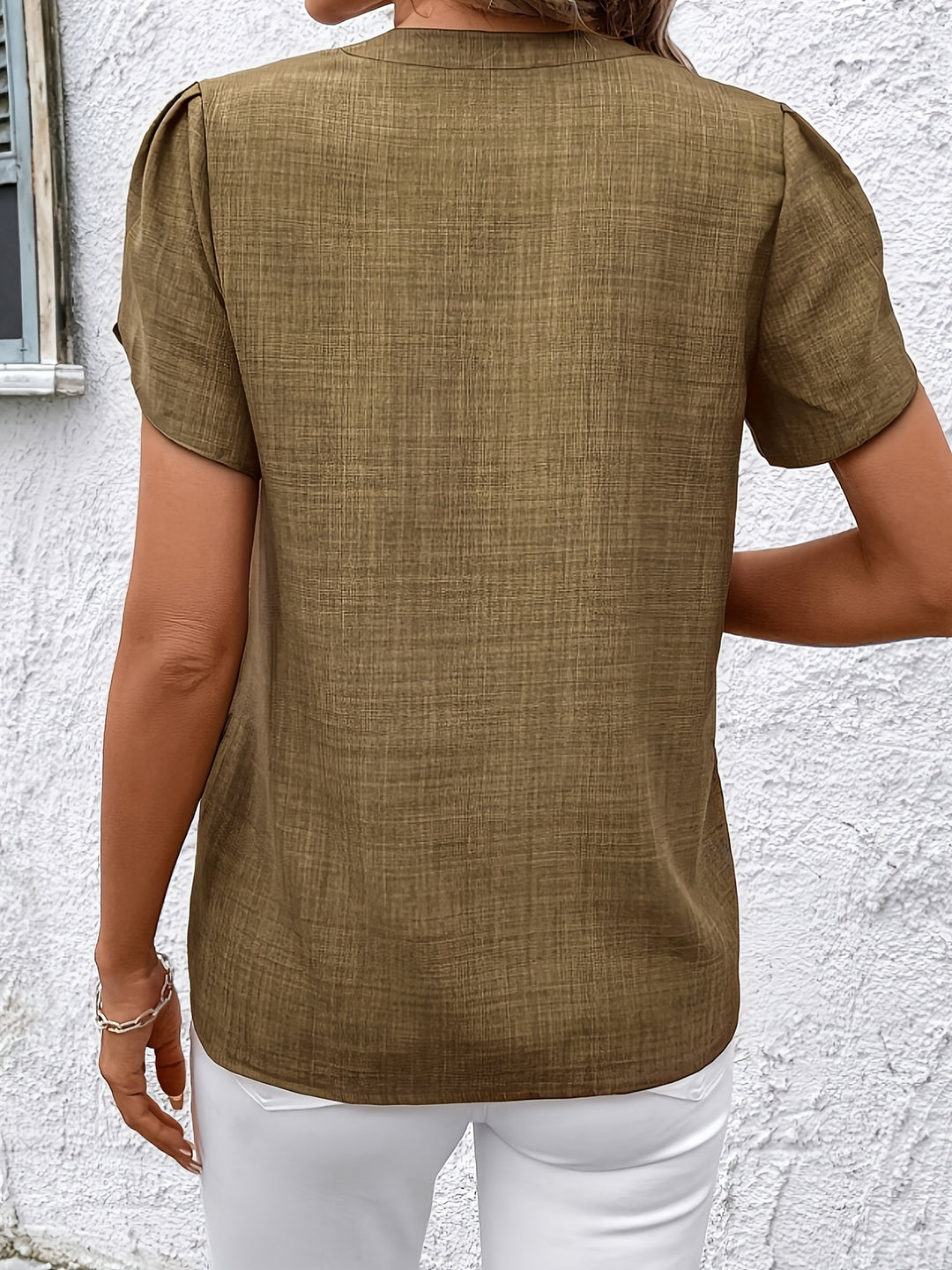 Women's Petal Sleeve Notched V-Neck Blouse