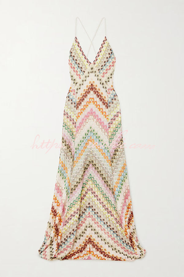 Colorful Knit Herringbone Open-Back Maxi Dress
