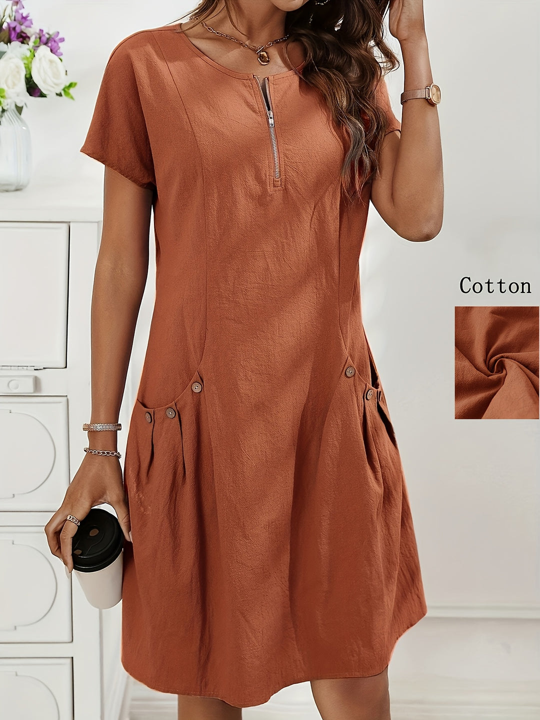 Women's Zipper Double-Pocket Summer Casual Dress