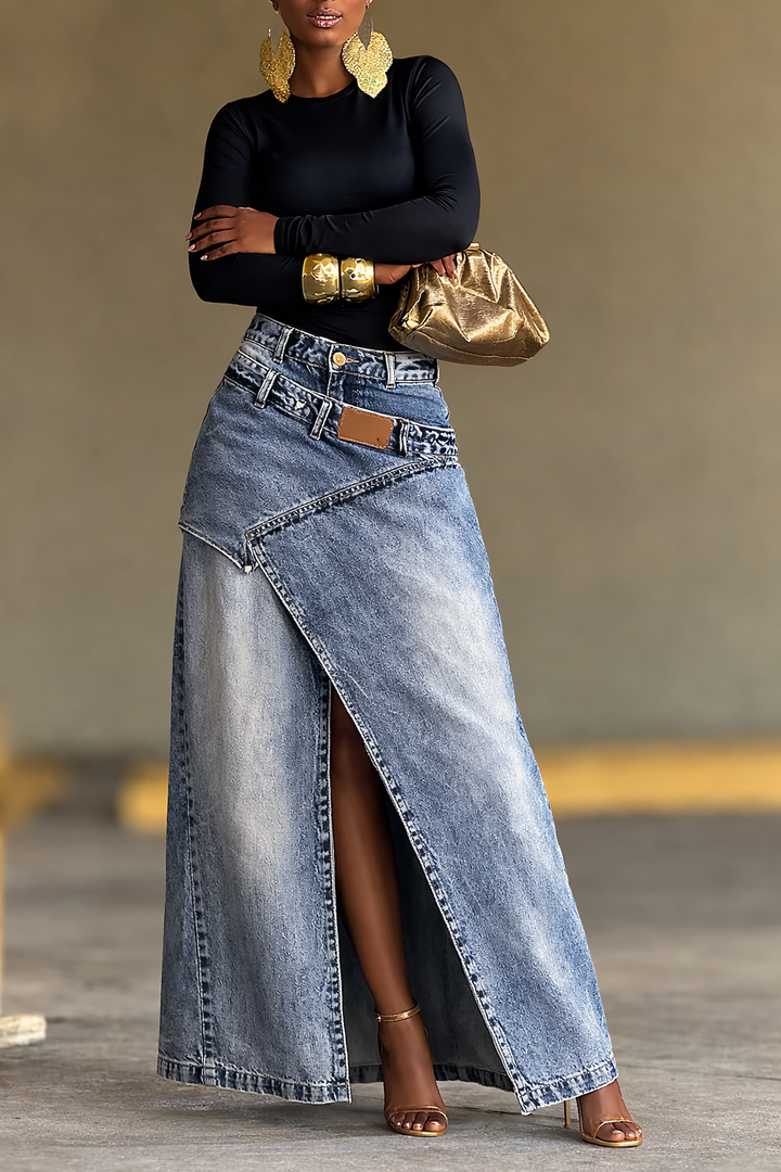 Two-Piece Slit Long Denim Skirt Set