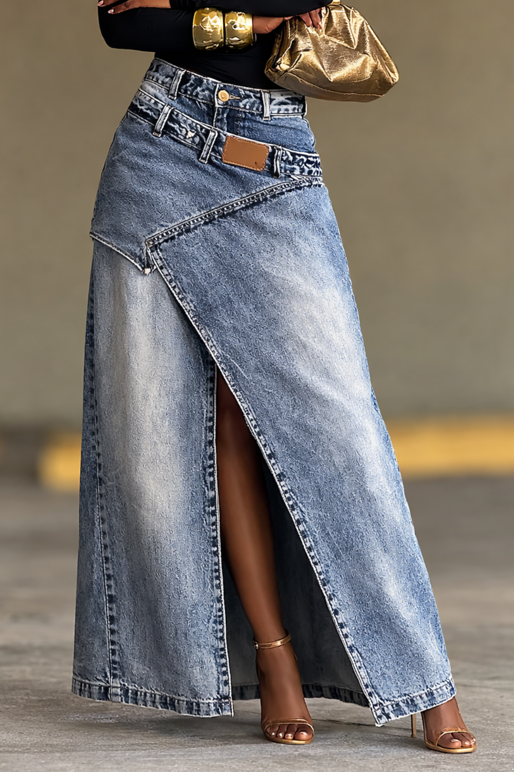 Two-Piece Slit Long Denim Skirt Set