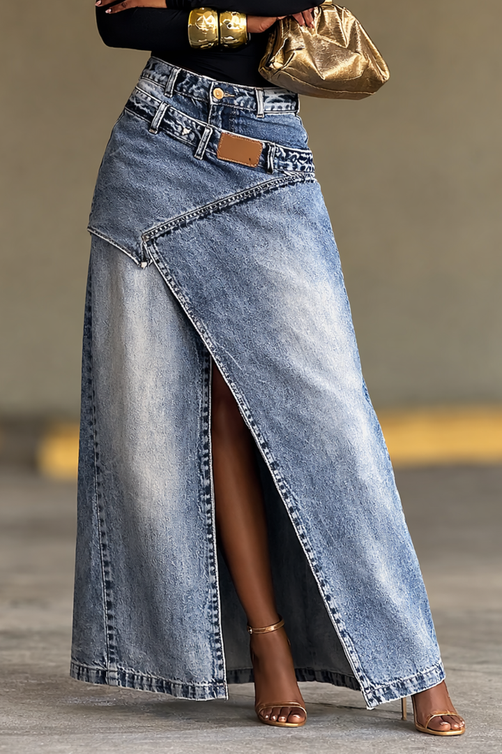 Two-Piece Slit Long Denim Skirt Set