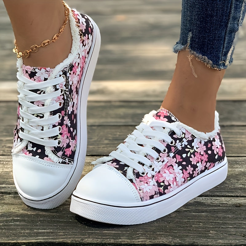 Women's Floral Printed Slip On Lace Up Canvas Sneakers