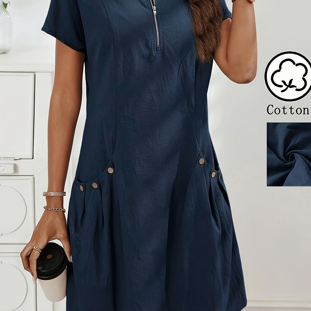 Women's Zipper Double-Pocket Summer Casual Dress