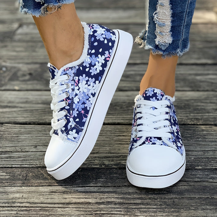 Women's Floral Printed Slip On Lace Up Canvas Sneakers