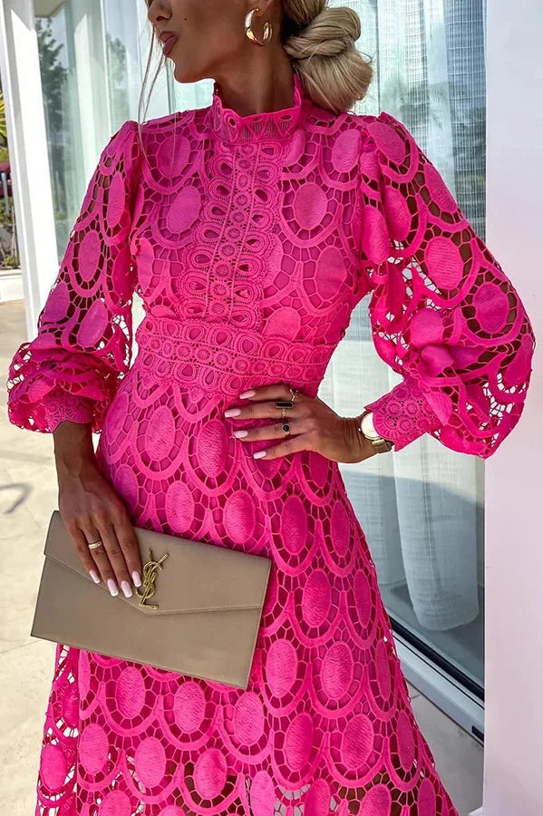 Francisca | Lace Lantern Sleeve Party Midi Dress