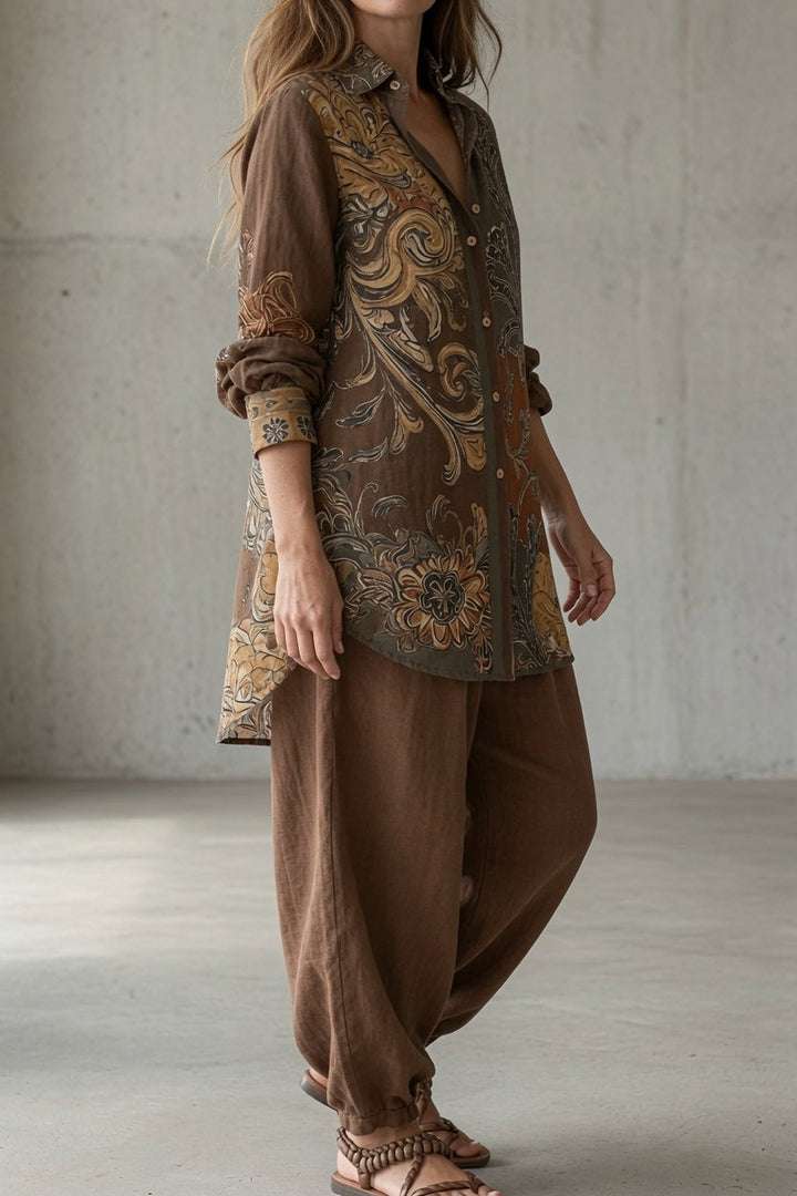 Juliska | Women's Printed Button-Up Shirt & Trouser Set