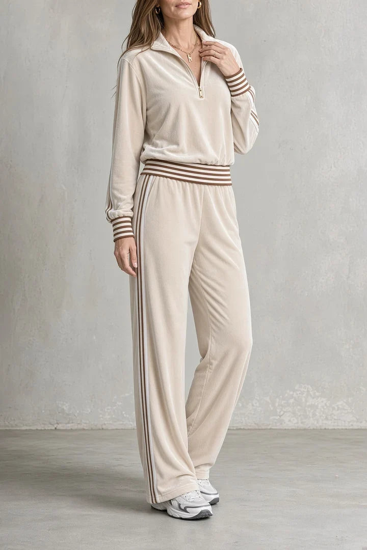 Yolanda | Women's Velvet Half-Zip Set with Wide-Leg Pants