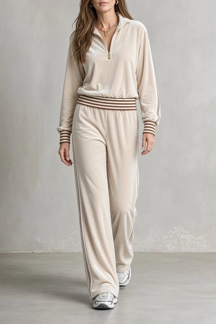 Yolanda | Women's Velvet Half-Zip Set with Wide-Leg Pants