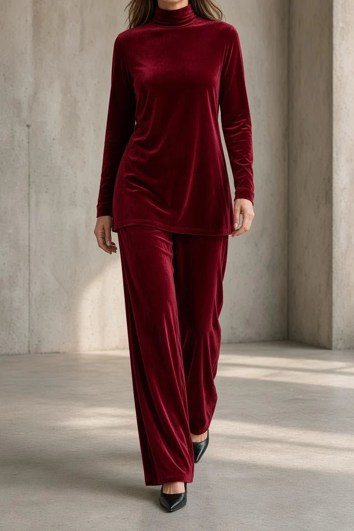 Marisabel | Women's Velvet Turtleneck Top & Wide-Leg Pants Set
