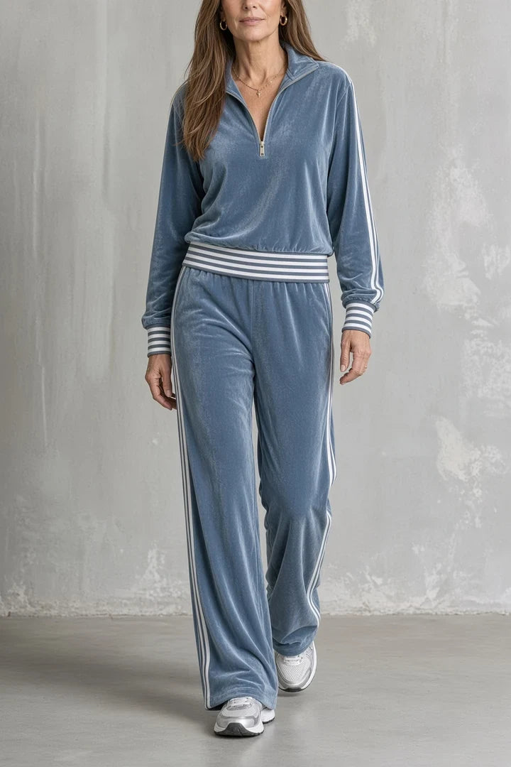Yolanda | Women's Velvet Half-Zip Set with Wide-Leg Pants