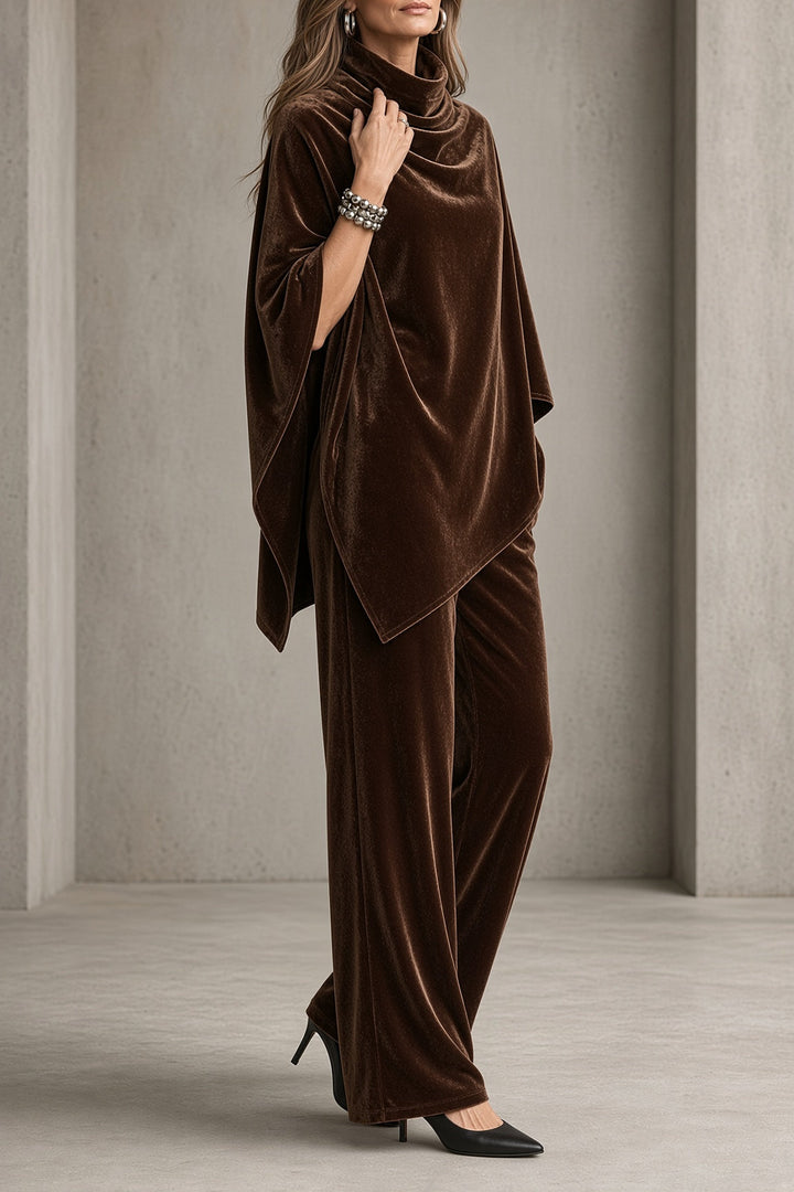 Delphine | Women's Velvet Draped Poncho Top & Wide-Leg Pants Set