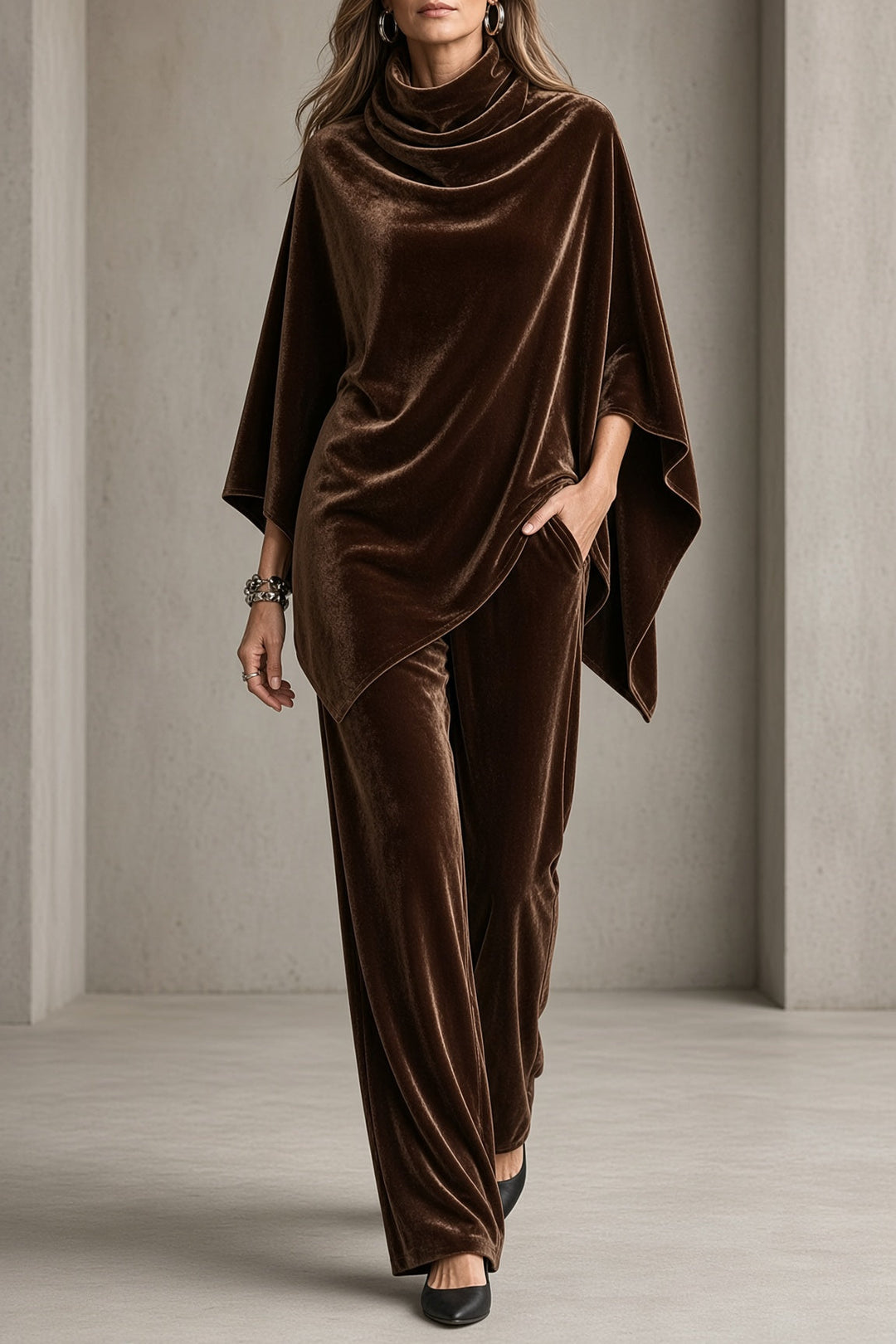 Delphine | Women's Velvet Draped Poncho Top & Wide-Leg Pants Set