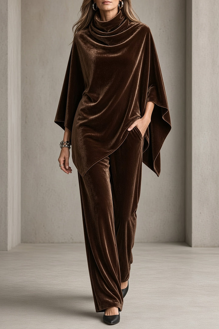 Delphine | Women's Velvet Draped Poncho Top & Wide-Leg Pants Set