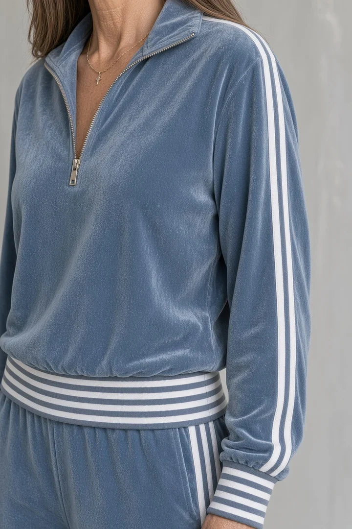 Yolanda | Women's Velvet Half-Zip Set with Wide-Leg Pants