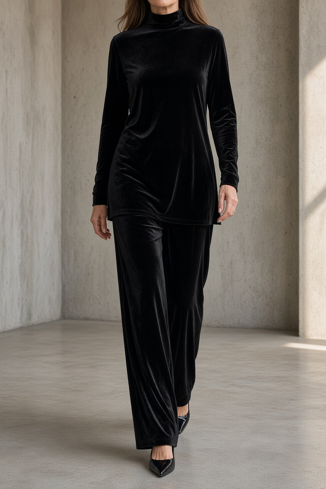 Marisabel | Women's Velvet Turtleneck Top & Wide-Leg Pants Set