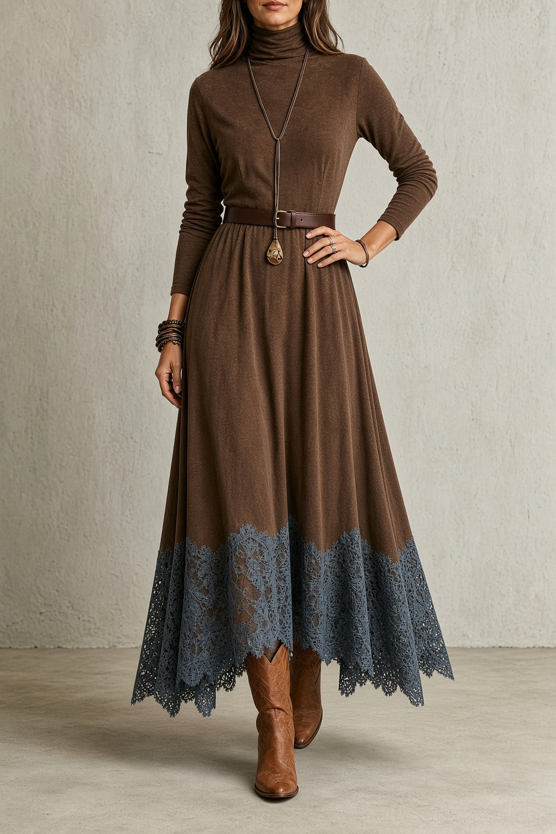 Hortensia | Women's Turtleneck Lace-Hem Dress