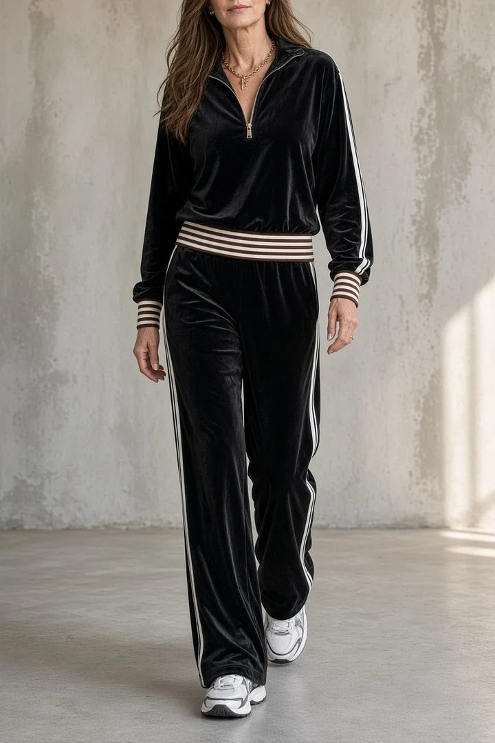 Yolanda | Women's Velvet Half-Zip Set with Wide-Leg Pants