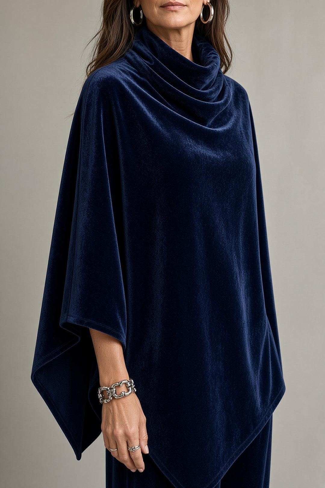 Delphine | Women's Velvet Draped Poncho Top & Wide-Leg Pants Set