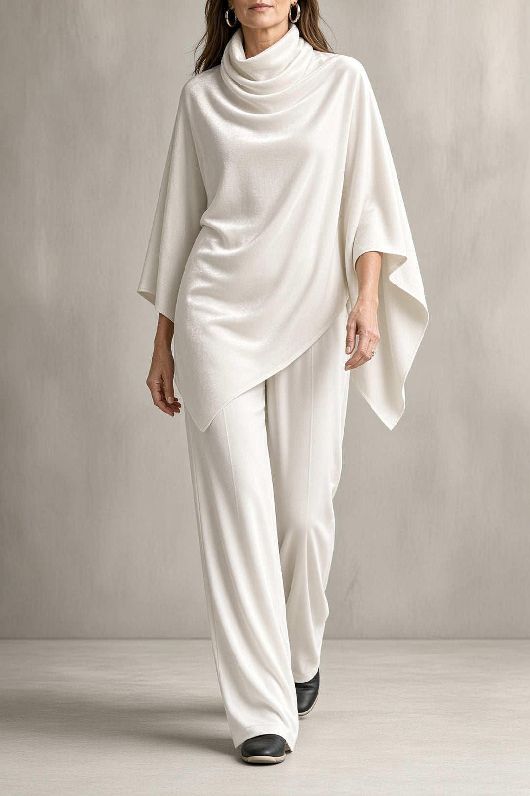 Delphine | Women's Velvet Draped Poncho Top & Wide-Leg Pants Set
