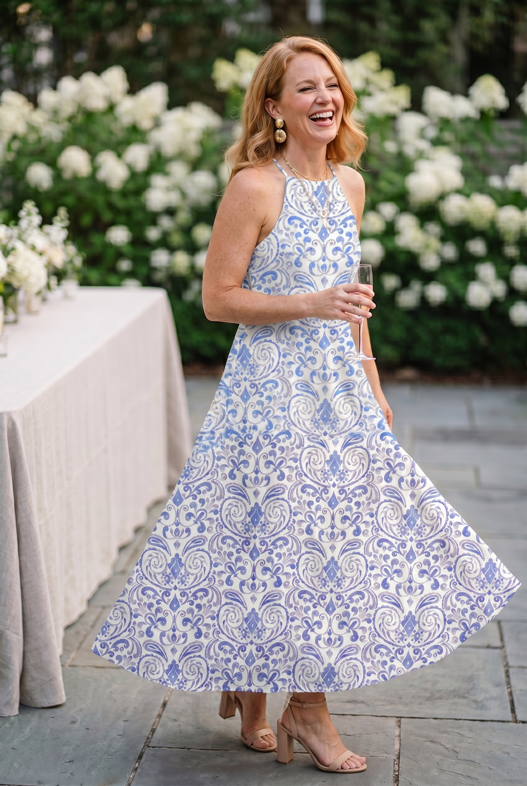 Bella - Women’s Printed Halter Neck Maxi Dress – A-Line Flowy Summer Dress