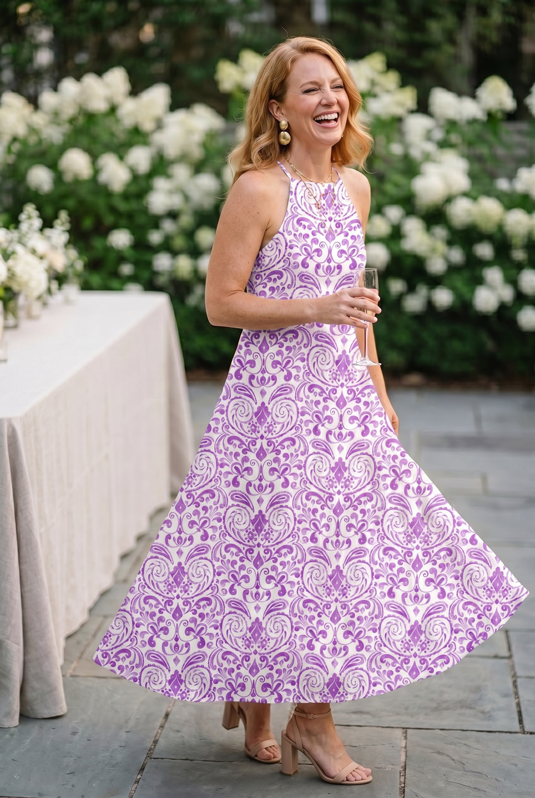 Bella - Women’s Printed Halter Neck Maxi Dress – A-Line Flowy Summer Dress