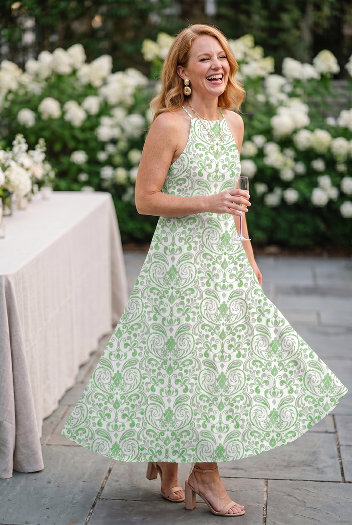 Bella - Women’s Printed Halter Neck Maxi Dress – A-Line Flowy Summer Dress