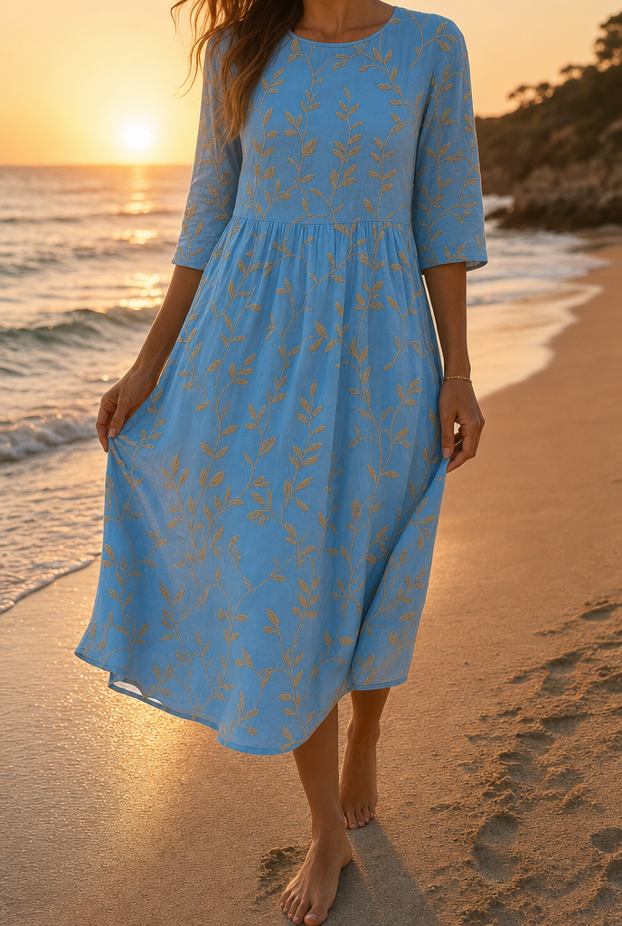 Plant & Flower Print Round Neck Midi Dress