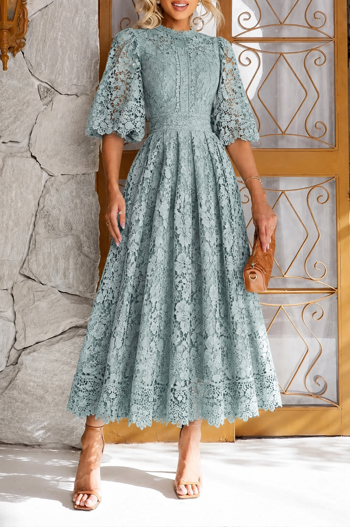 Lantern Sleeve Lace Hollow Midi Dress