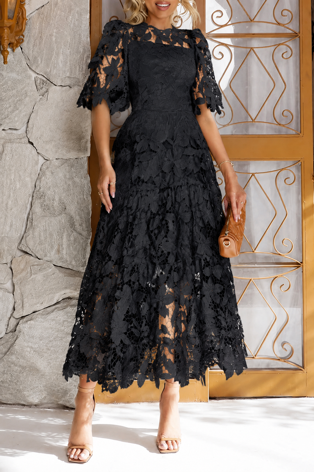 Lantern Sleeve Lace Hollow Midi Dress