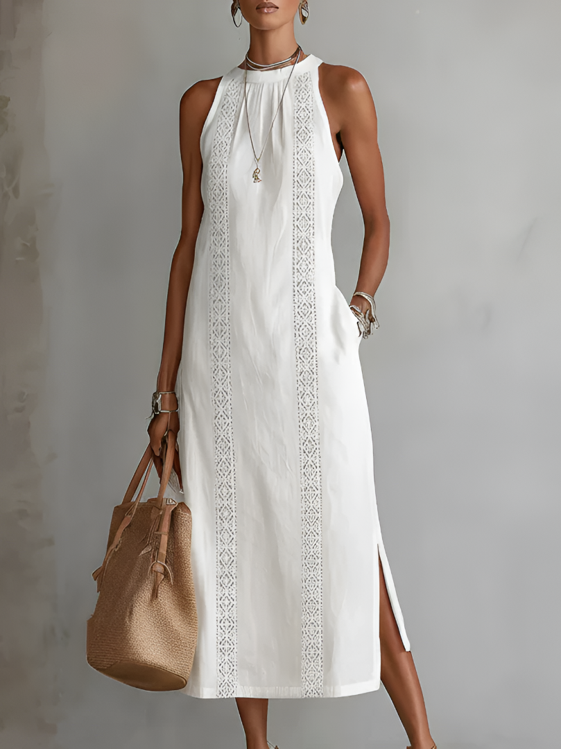 Women's Relaxed Embroidered Mandarin Collar Midi Dress