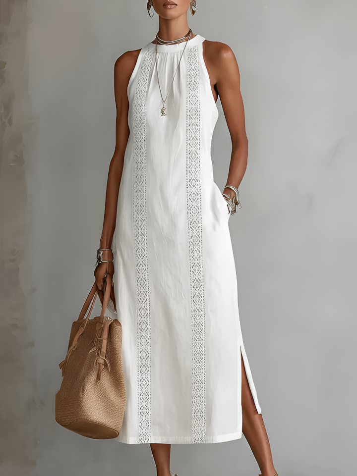 Women's Relaxed Embroidered Mandarin Collar Midi Dress