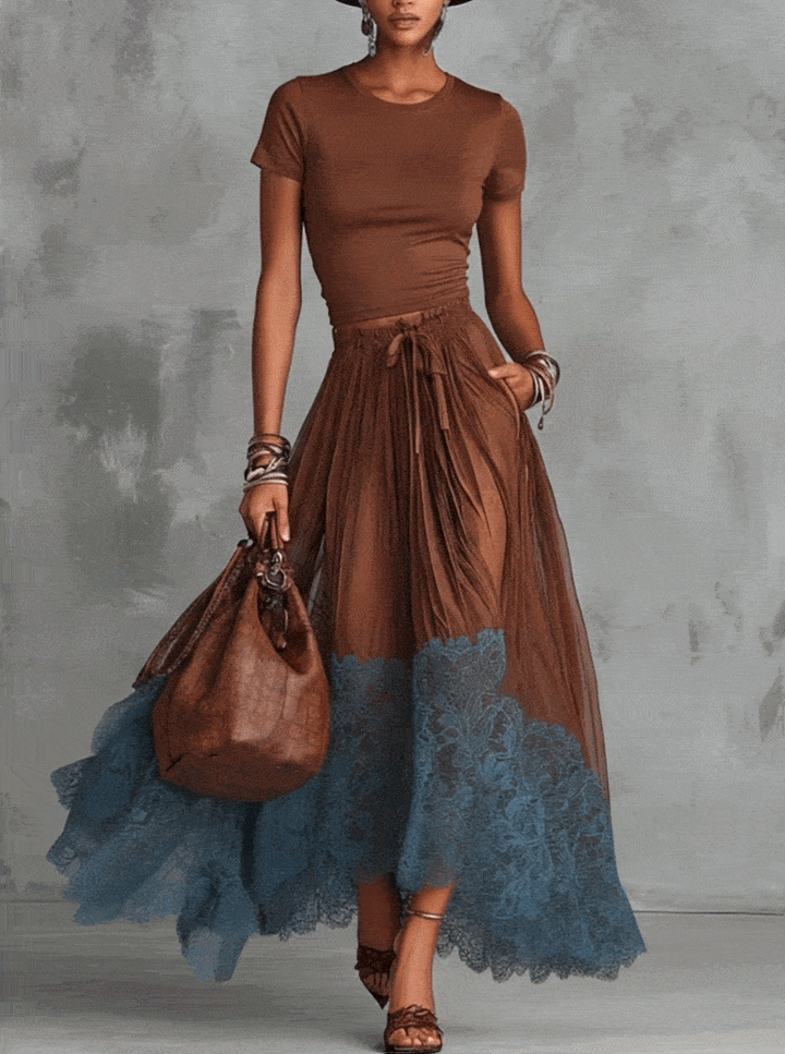 Brown-Blue Lace Tulle Skirt Set