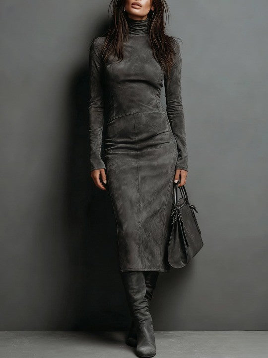 Lorena | Women's Fitted High Collar Suede Midi Dress