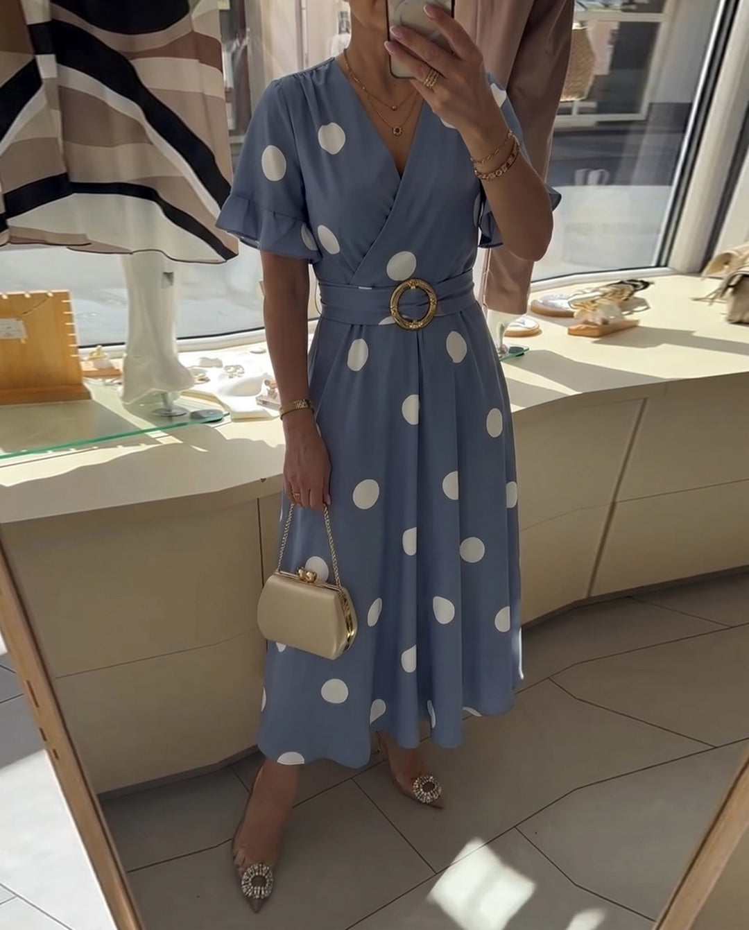 Women's Polka Dot Fitted V-Neck Dress