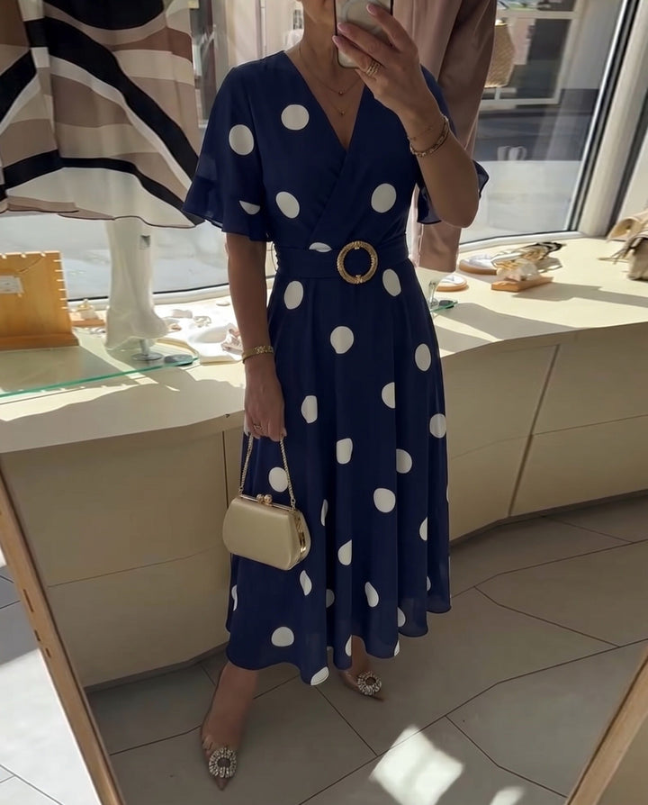 Women's Polka Dot Fitted V-Neck Dress
