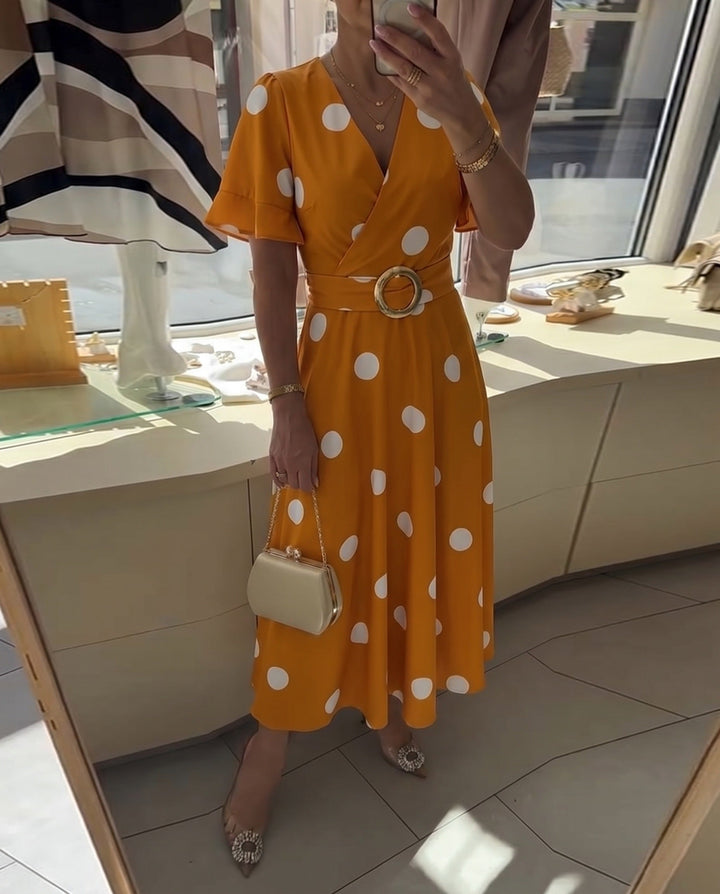 Women's Polka Dot Fitted V-Neck Dress