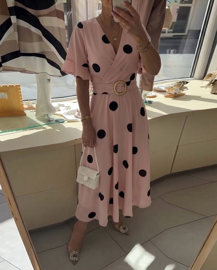 Women's Polka Dot Fitted V-Neck Dress
