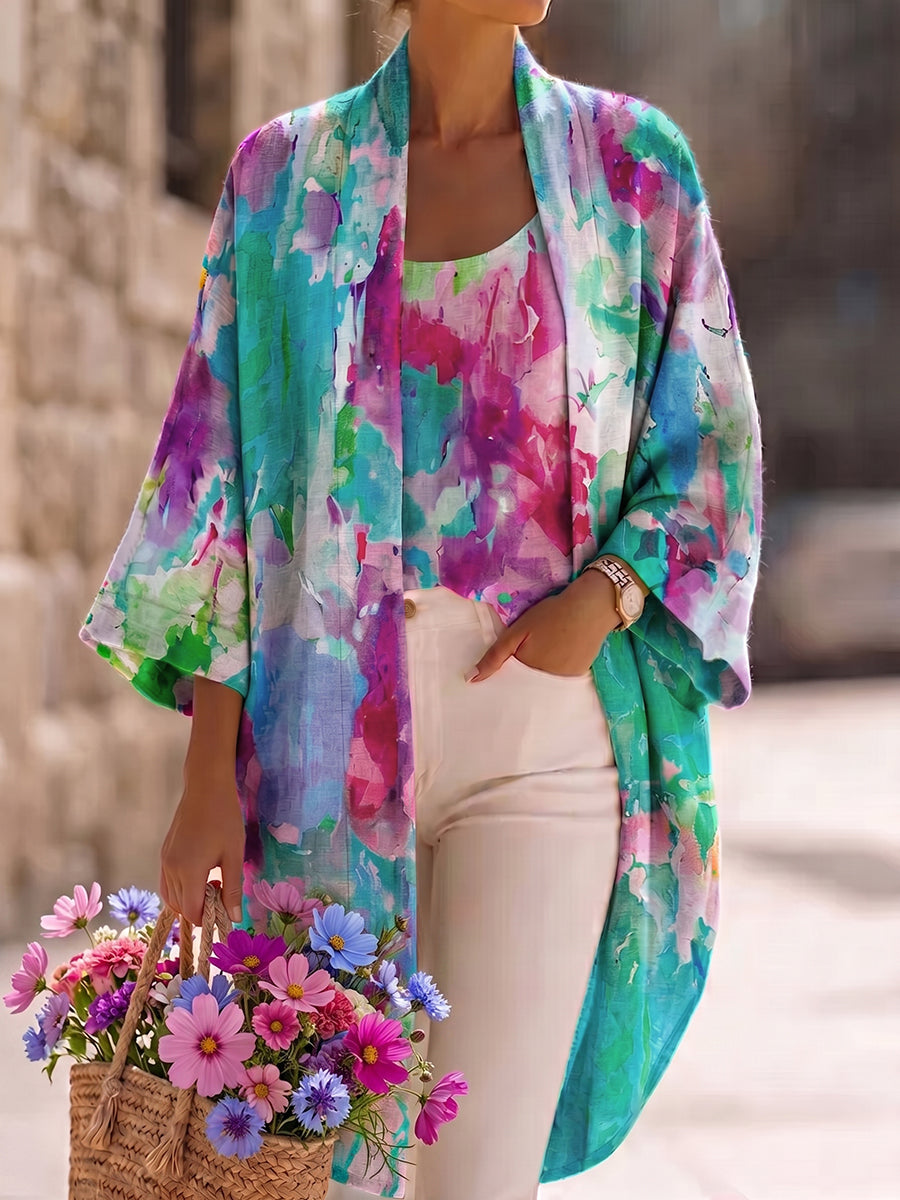 Women's Artistic Watercolor Print Cardigan & Vest Two-piece Set