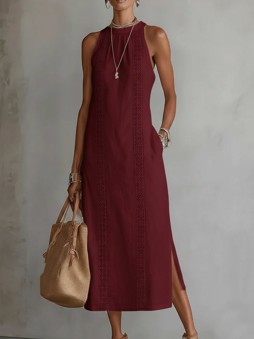 Women's Relaxed Embroidered Mandarin Collar Midi Dress