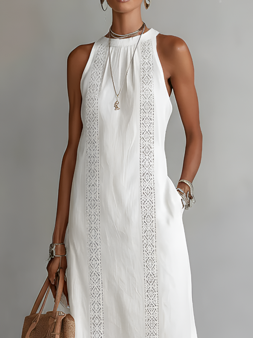 Women's Relaxed Embroidered Mandarin Collar Midi Dress