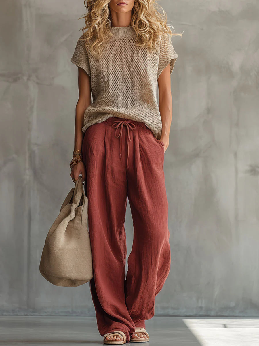 Simone | Women's Knitted Pullover Top & Linen-Cotton Trouser Set