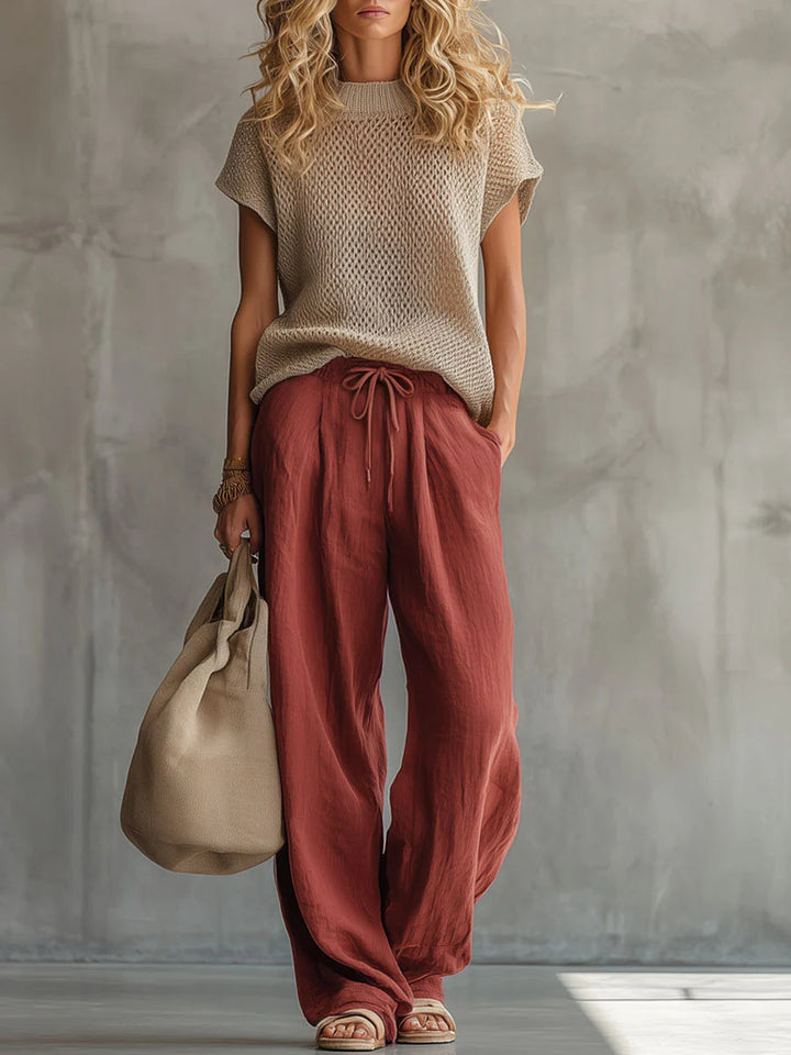 Simone | Women's Knitted Pullover Top & Linen-Cotton Trouser Set