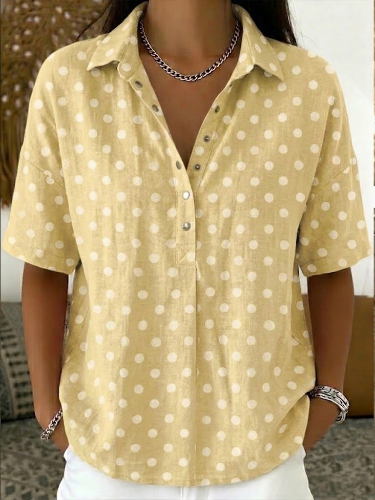 Women's Casual Polka Dots Polo Collar Short-sleeved Linen And Cotton Shirt