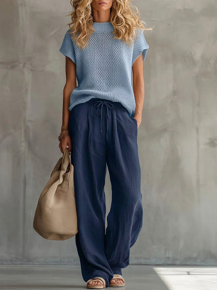 Simone | Women's Knitted Pullover Top & Linen-Cotton Trouser Set