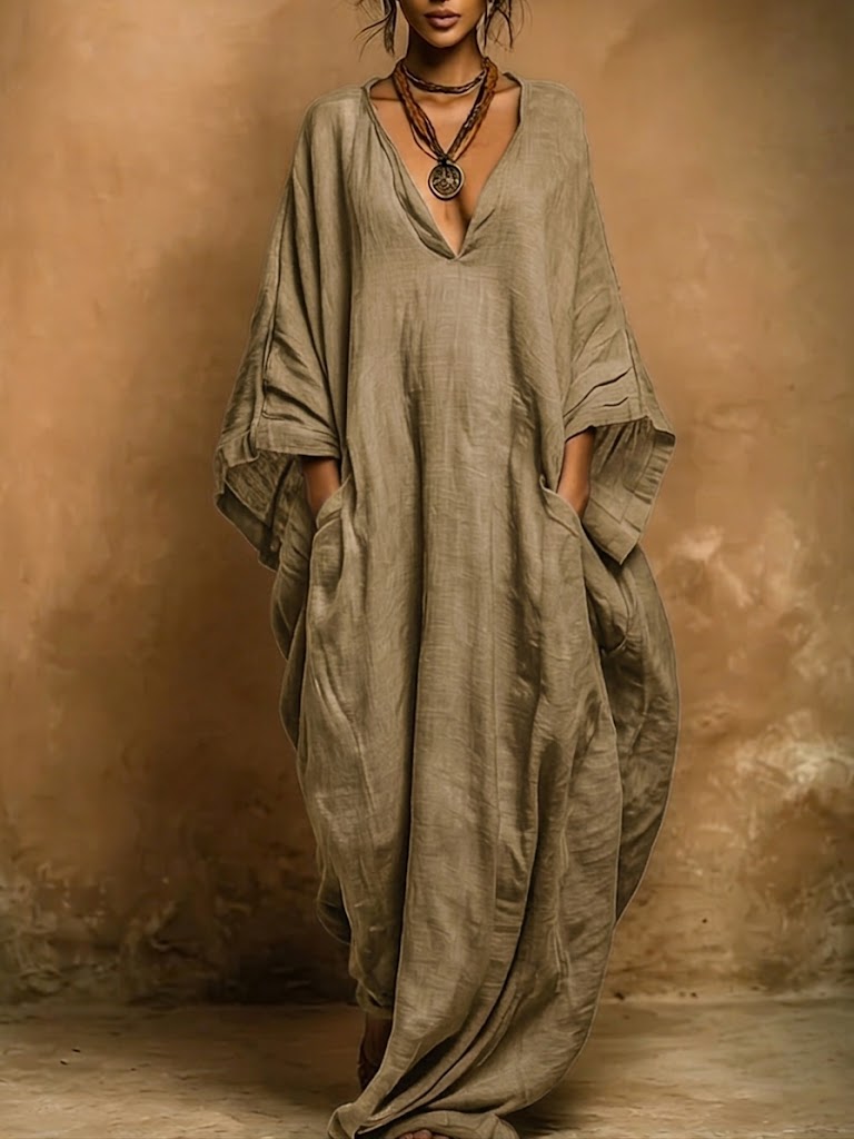 Women's Bohemian Linen And Cotton Kaftan Robe Dress