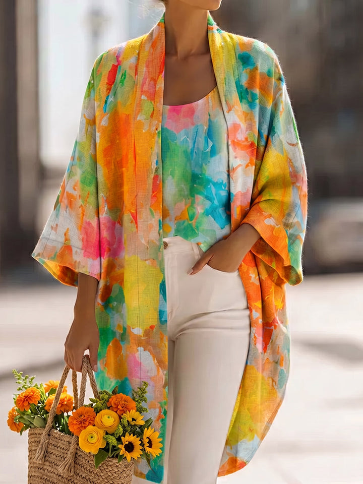 Women's Artistic Watercolor Print Cardigan & Vest Two-piece Set